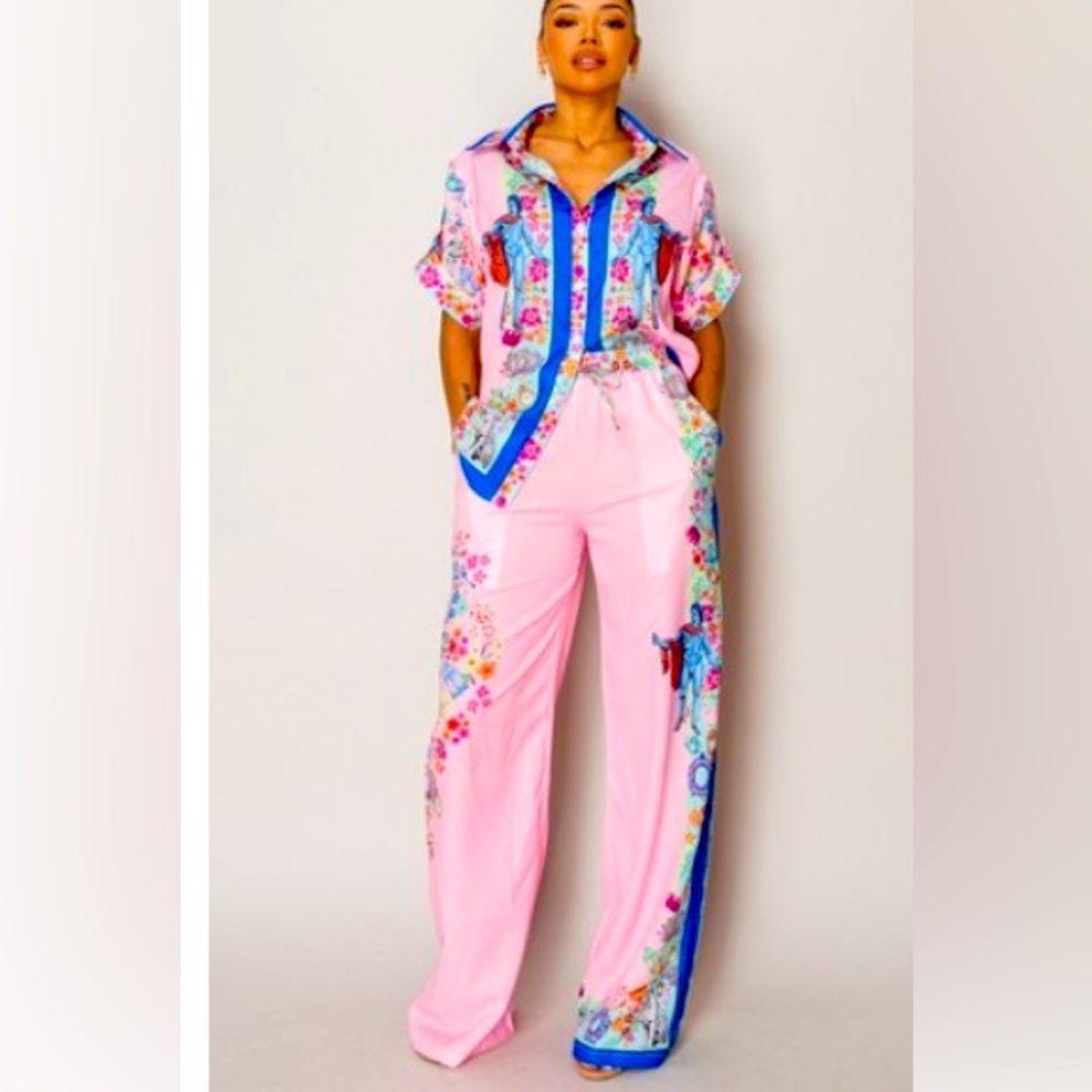 #436 Pink pattern 2-piece pant set